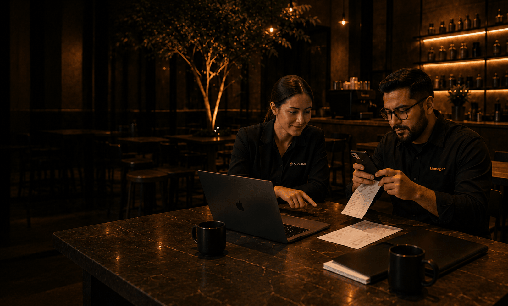 GoGMGo onboarding — manager and specialist at café table